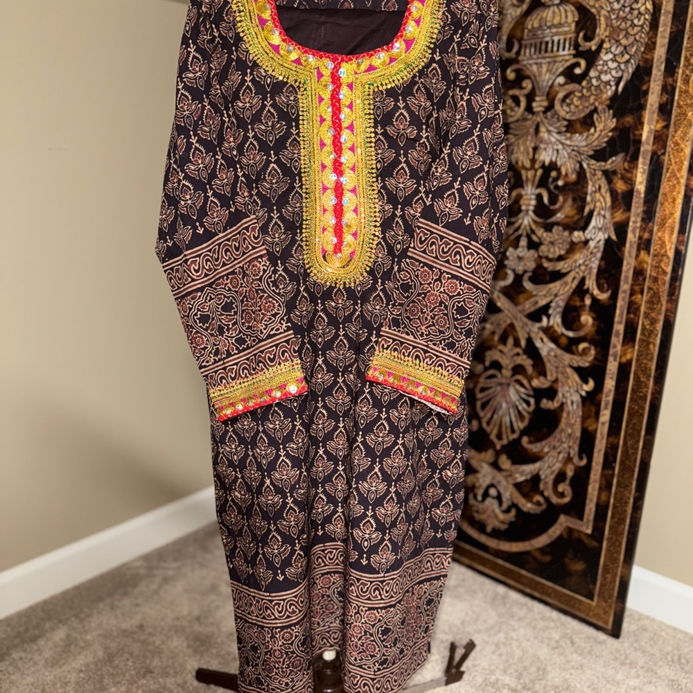 Veg dye Ajrak 2 piece Elegant Black and Gold Embroidered Dress